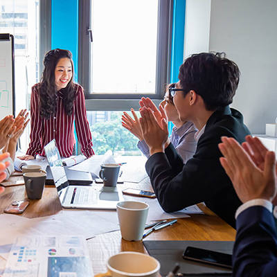 A sales person leading a conference