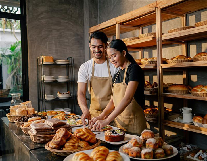 A man and woman in aprons prepare pastries in a bakery filled with breads.
