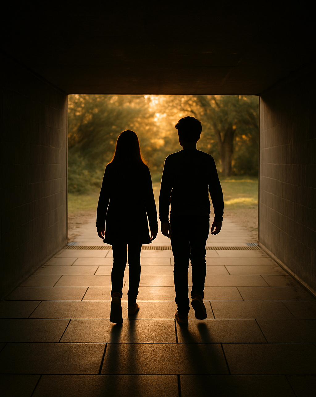 Silhouettes of a boy and a girl walking together through a tunnel toward daylight.