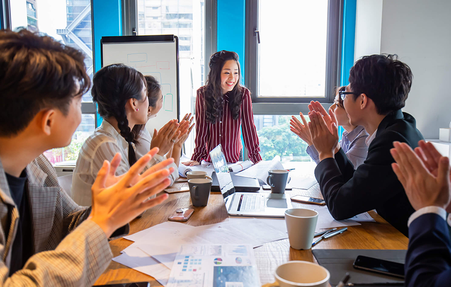 A sales person leading a conference