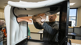 A student analyzing the reproductive parts on a cow simulator