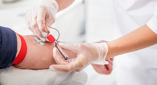 A phlebotomist taking blood from a vein into tube by catheter