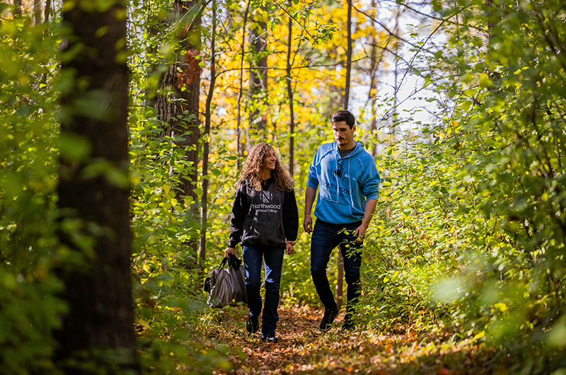 Students walking down a forested trail
