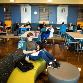 Image of a student relaxing and studying in the WITC-New Richmond commons area