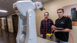 A student working on robotics