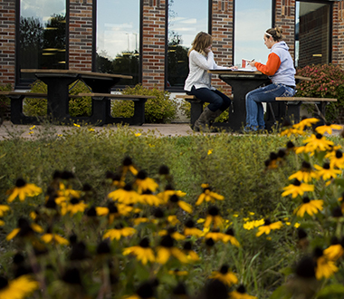 Two girls sit studying at a table with a large group of yellow flowers in the foreground.