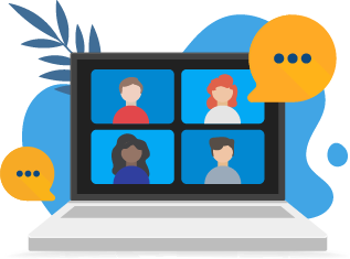 An icon of a laptop showing a group of people in a video chat