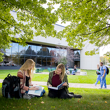 Students studying in the lawn under at tree in front of the Northwood Tech campus