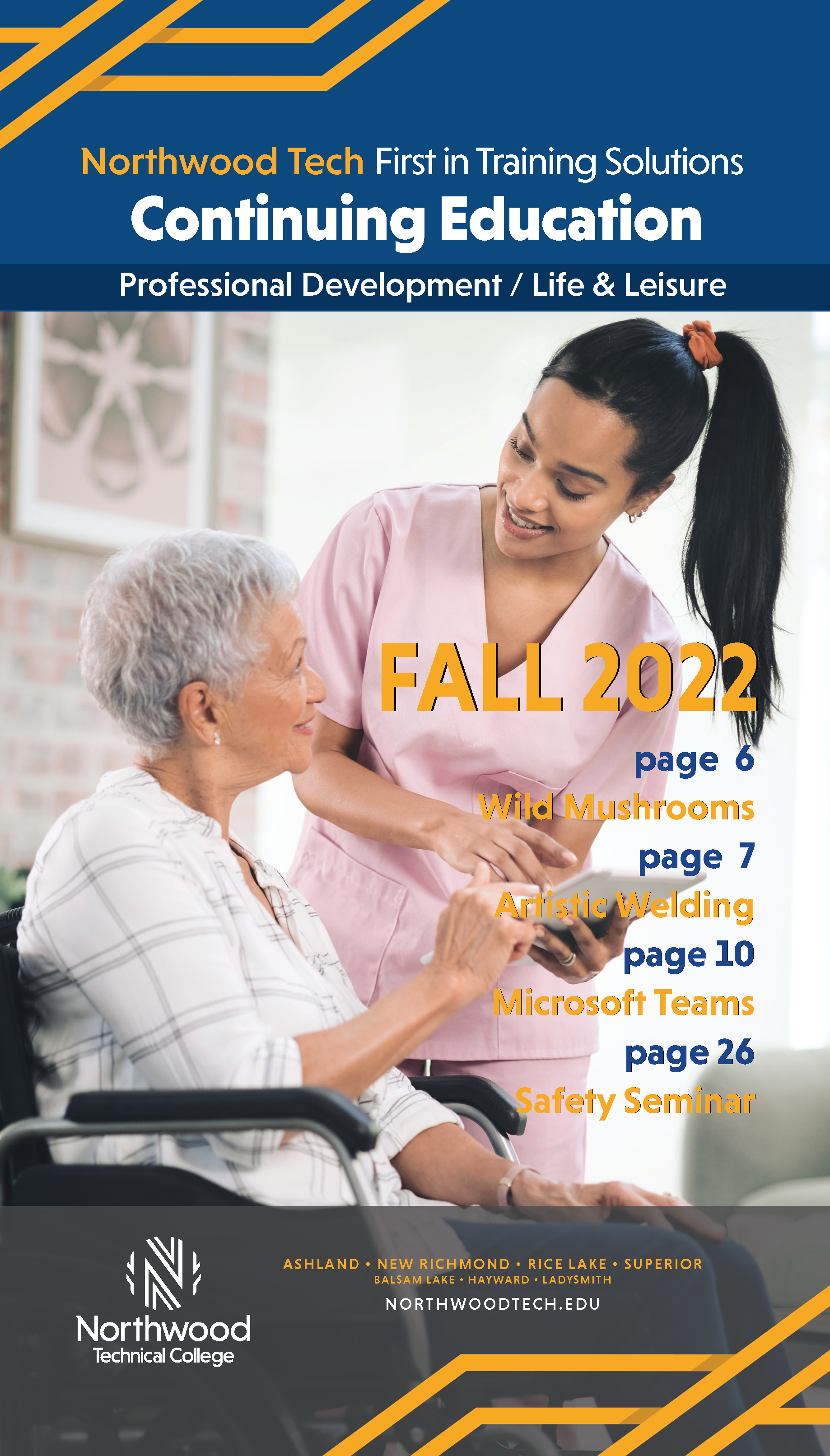 Fall 2022 CE Catalog Cover - Caregiver smiling at elderly woman in wheelchair