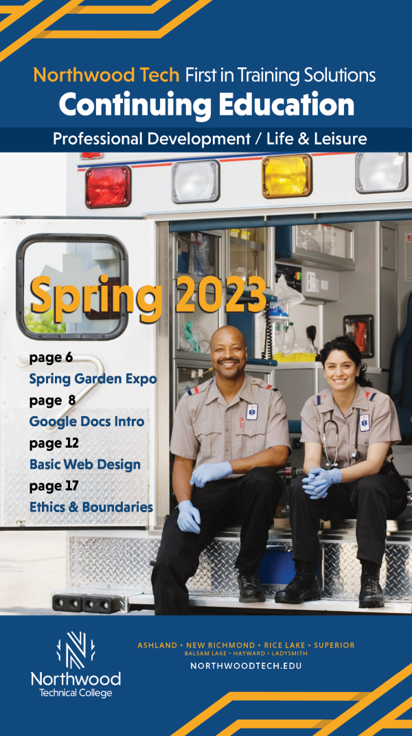 Spring 2023 CE Catalog Cover - two smiling EMS workers sitting in the back of an ambulance