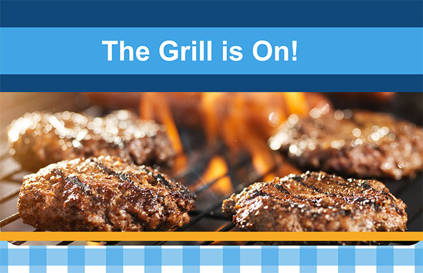 Graphic of burgers on a grill for the patio party