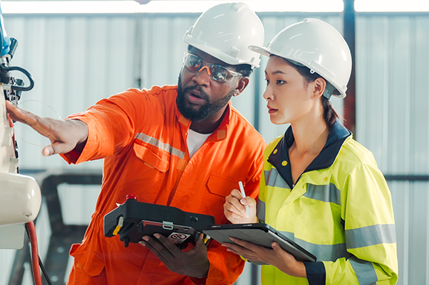 a man and a woman wearing safety vests and hard hats check a piece of machinery
