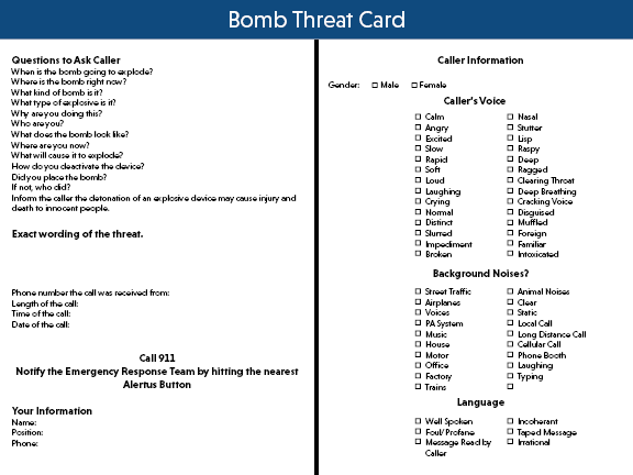 Bomb Threat Card with details on what to do in case of a bomb threat call