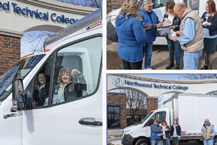 Staff pose with a white box truck in front of the New Richmond campus