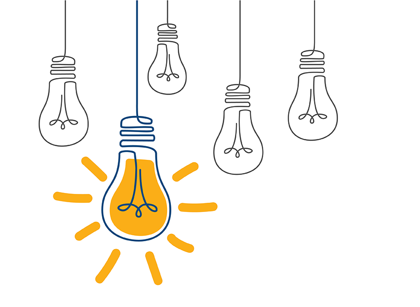 Drawing of five lightbulbs with the front bulb in gold color