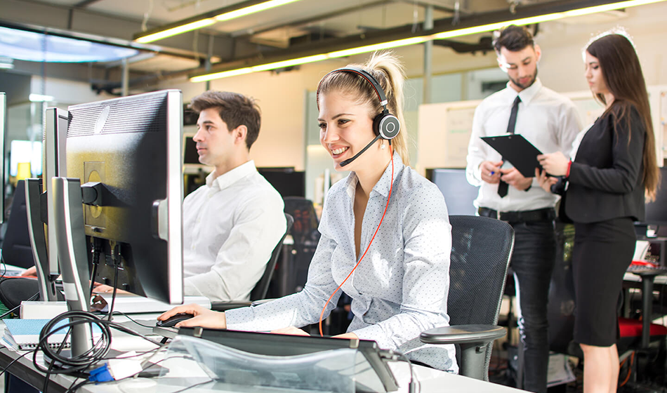 A customer service representative working in a call center