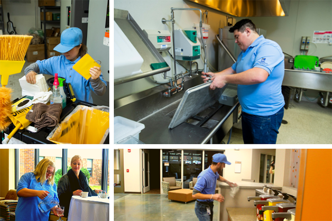 A collage of hospitality foundation students working in various settings such as cleaning and serving