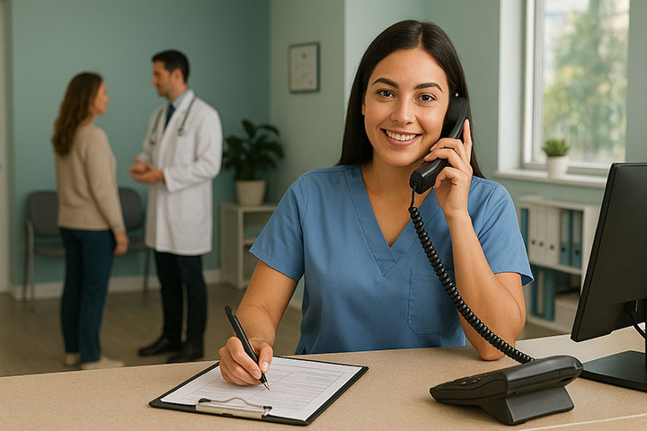 Healthcare receptionist on the phone while writing notes at a desk, with a doctor and patient talking in the background.