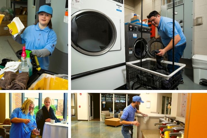 A collage of hospitality foundation students working in various settings including environmental services, dishwashing, serving