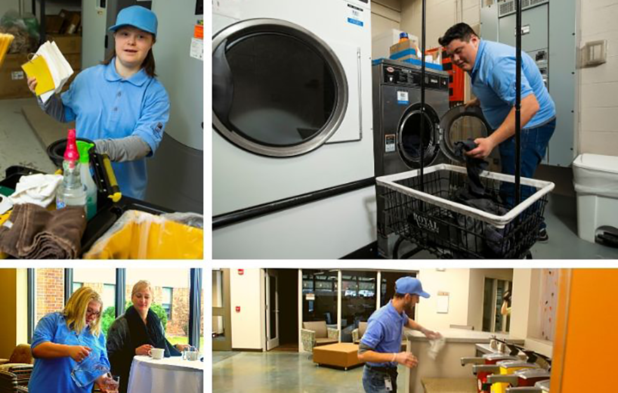 A collage of hospitality foundation students working in various settings including environmental services, dishwashing, serving