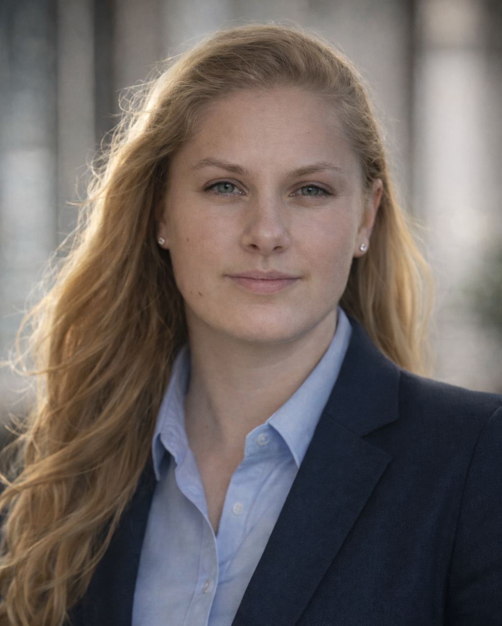 Portrait of Jennifer Morrow wearing a navy blazer and light blue button-down shirt, standing outdoors with a blurred background