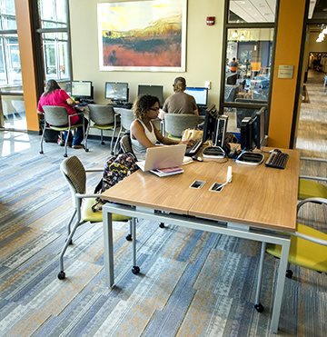Students working at computers in the Learning Resource Center. 