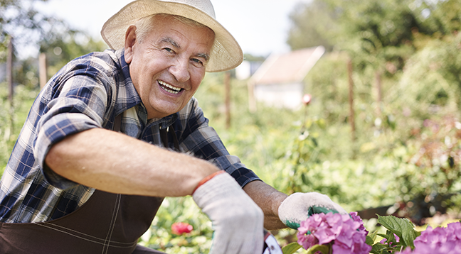An aging adult sitting in his garden