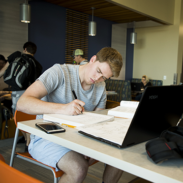Student studying at a table with papers spread around