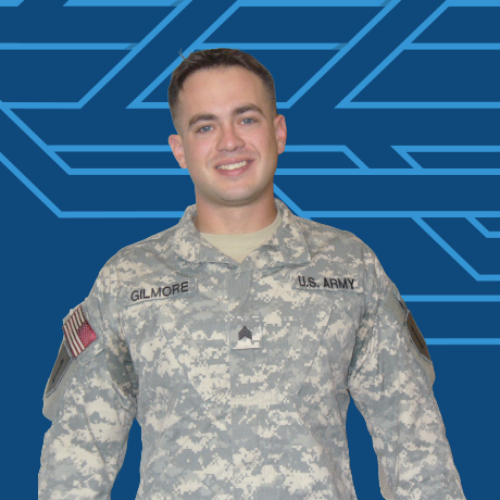 Portrait of a U.S. Army service member in uniform standing against a blue graphic background.