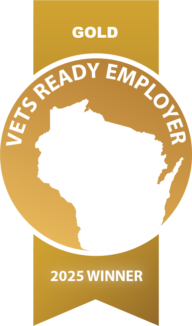 Gold Vets Ready Employer emblem with Wisconsin silhouette and a 2025 Winner ribbon.