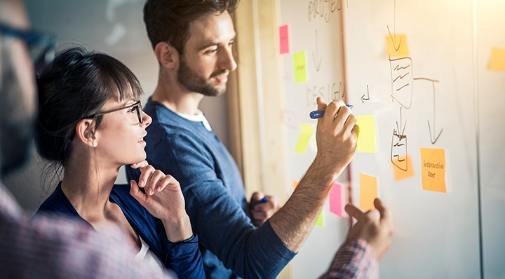 Two business professionals brainstorming with a marker board and post-it notes