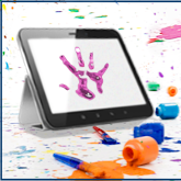 Painted handprint on tablet, paint splatter