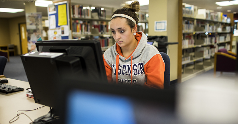 Student sitting at the computer concentrating on her studies